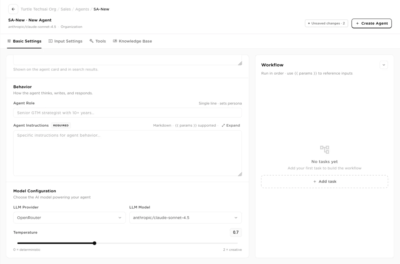 Model Configuration with LLM Provider, LLM Model and a Temperature slider