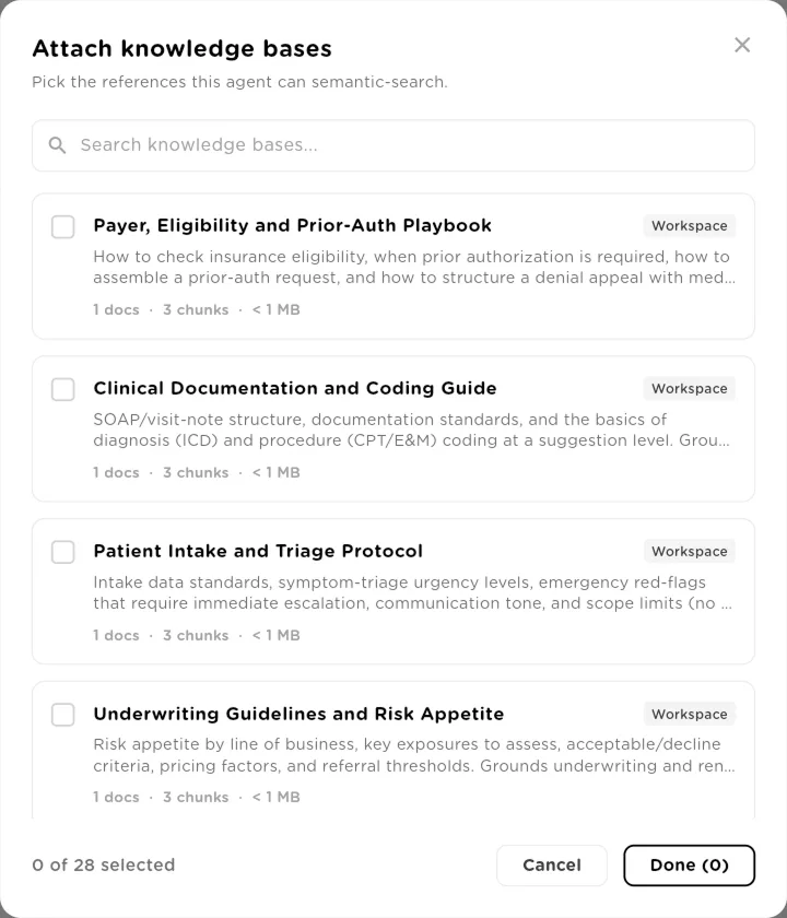 Attach knowledge bases dialog listing workspace knowledge bases with doc and chunk counts