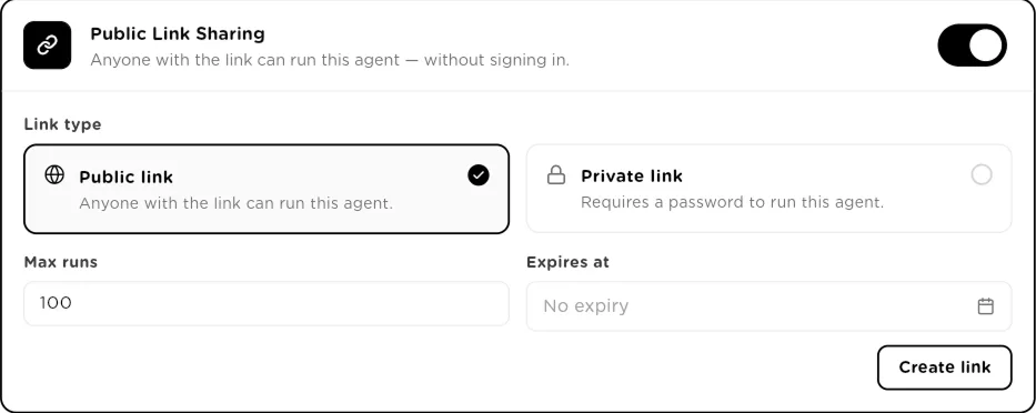 Public Link Sharing with Public link and Private link options, Max runs and Expires at