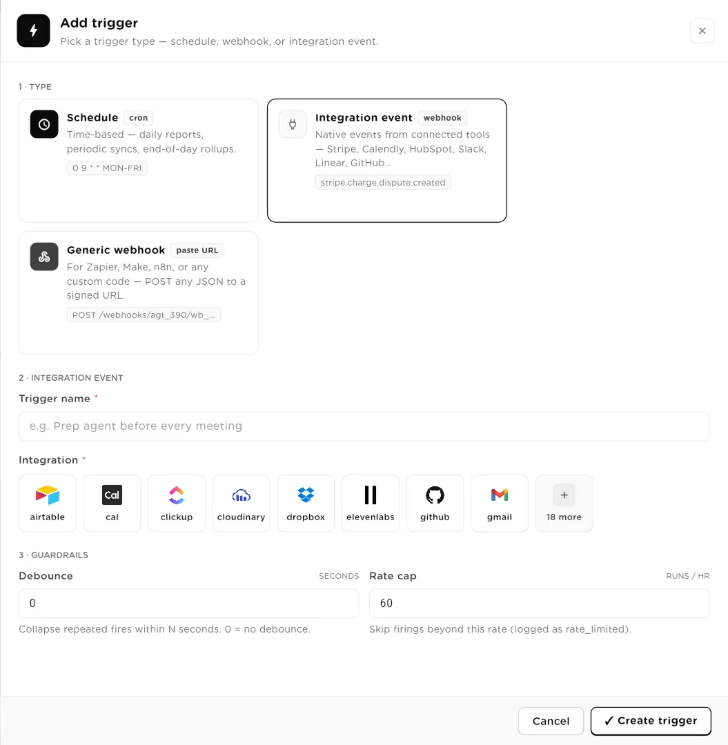 Add trigger sheet with Integration event selected and a grid of integrations