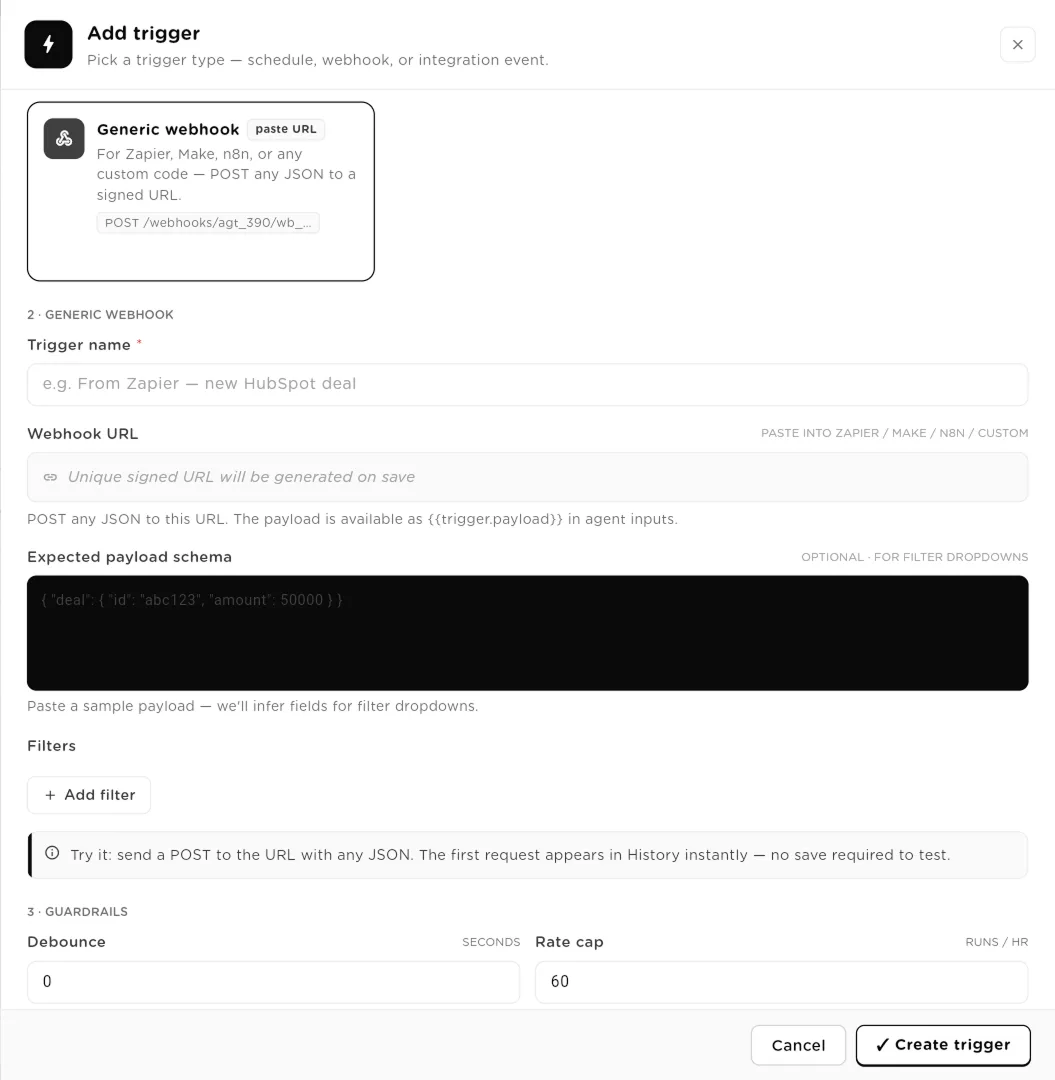 Add trigger sheet with Generic webhook selected, webhook URL, payload schema and filters