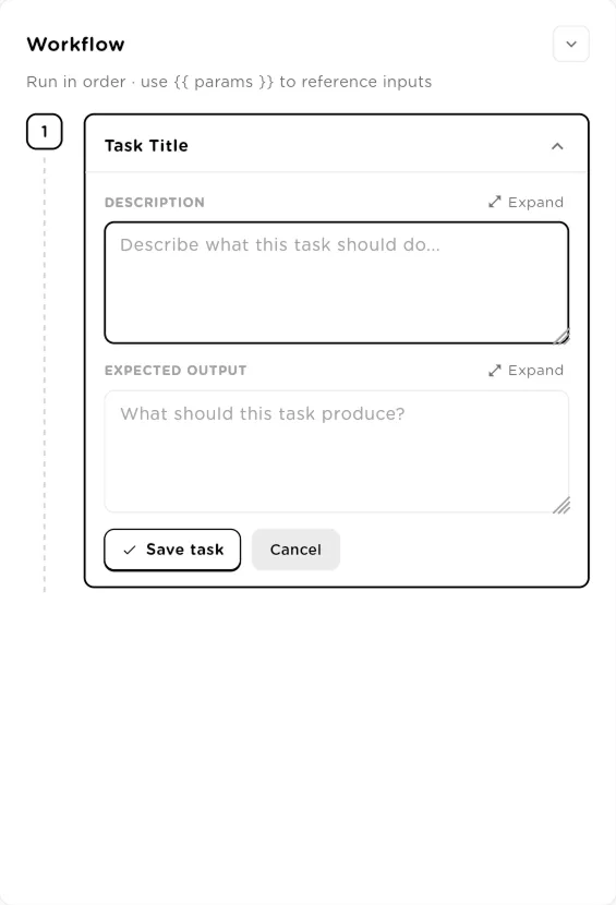 Workflow panel with a new task showing Description and Expected Output fields