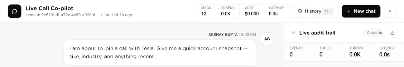 A team session header with message, token, cost and latency counters