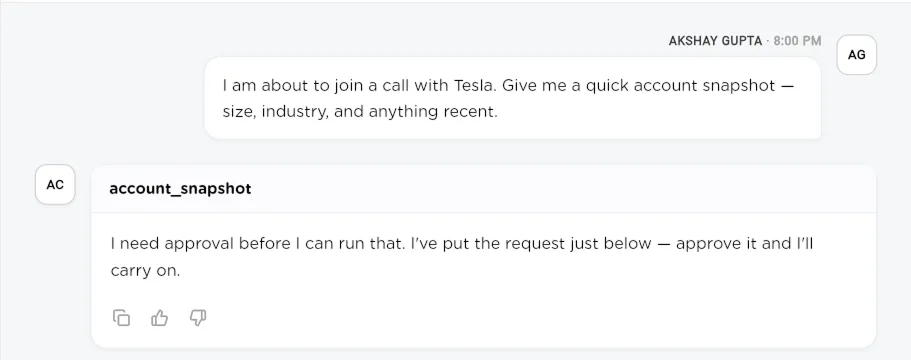 A team chat reply saying approval is needed before the step can run