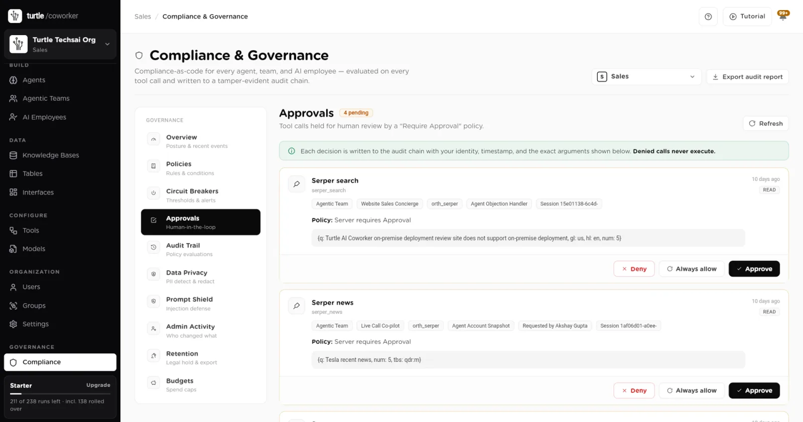 The Approvals tab in Compliance with pending tool calls, their policy and arguments