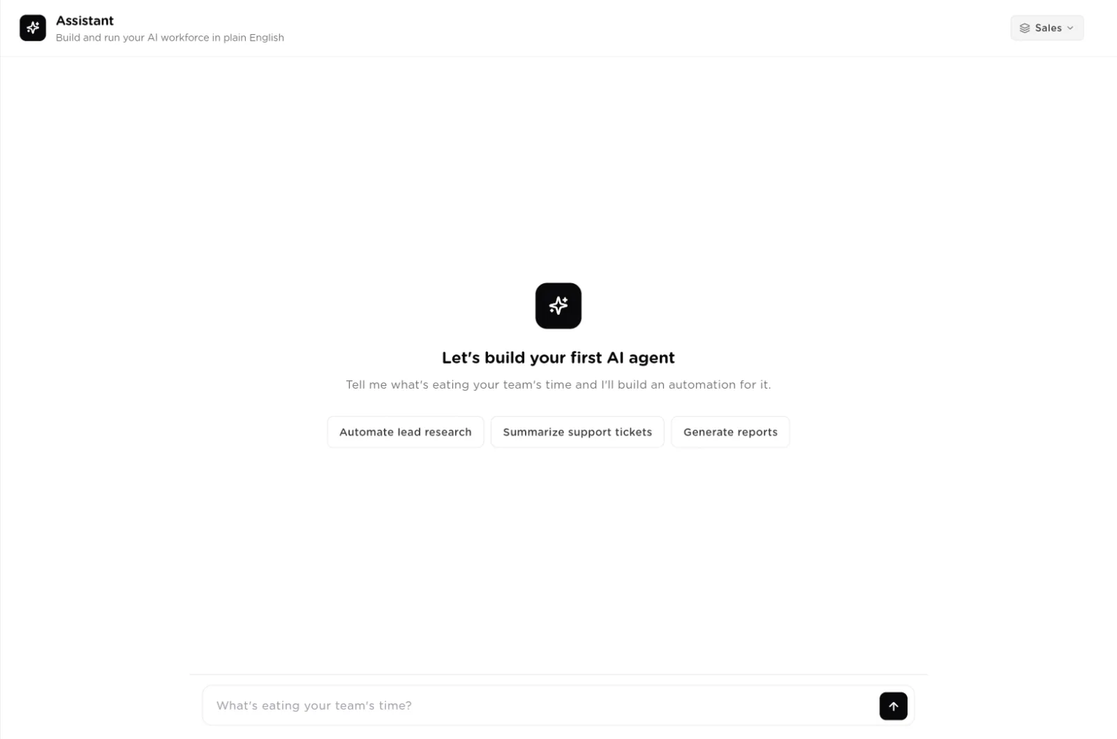 The Assistant page with an empty conversation, suggested starting points and a message box