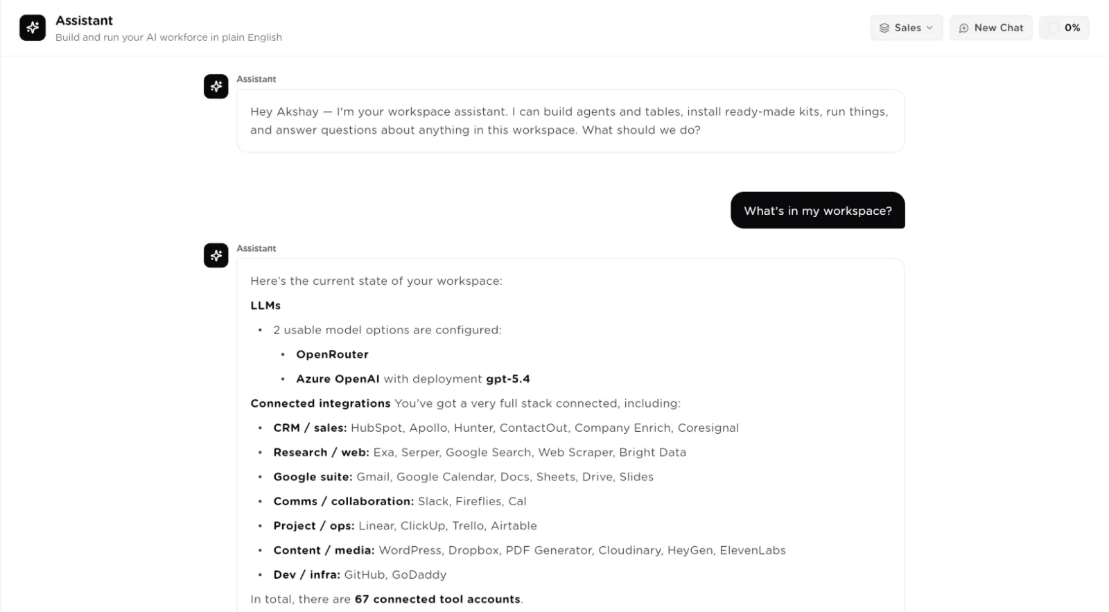 The Assistant answering What's in my workspace with connected models and integrations