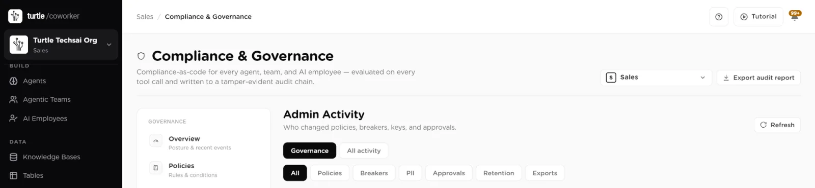 The Admin Activity tab with Governance and All activity views and category filters