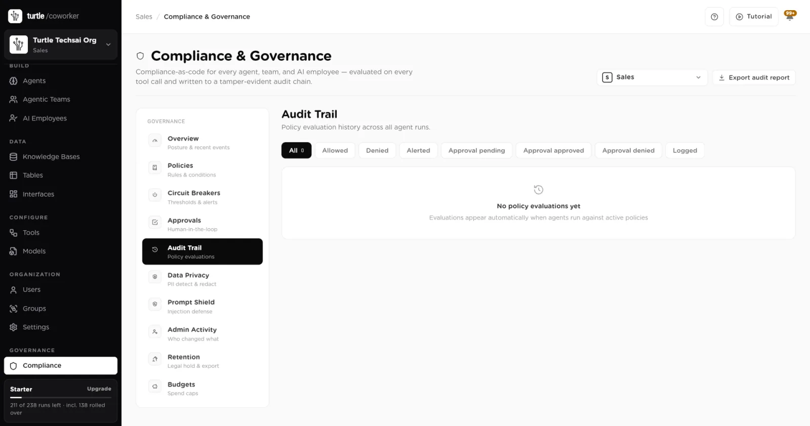The Compliance Audit Trail tab with result filter chips