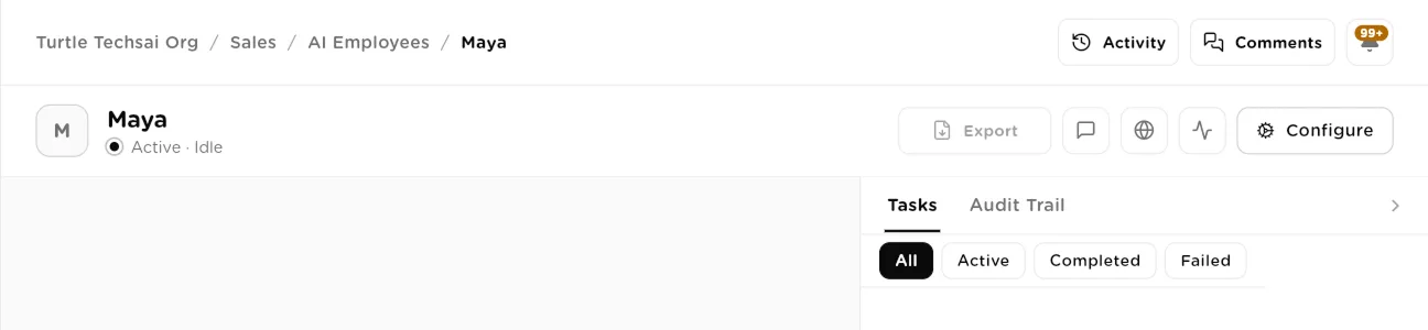 The top of an AI employee chat with Activity and Comments buttons and the Tasks and Audit Trail tabs