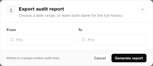 The Export audit report dialog with From and To date fields