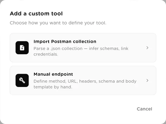Add a custom tool dialog with Import Postman collection and Manual endpoint options