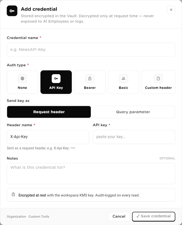 Add credential dialog with the API Key auth type selected, showing Send key as, Header name and API key fields