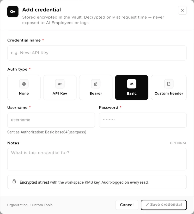 Add credential dialog with the Basic auth type selected, showing Username and Password fields