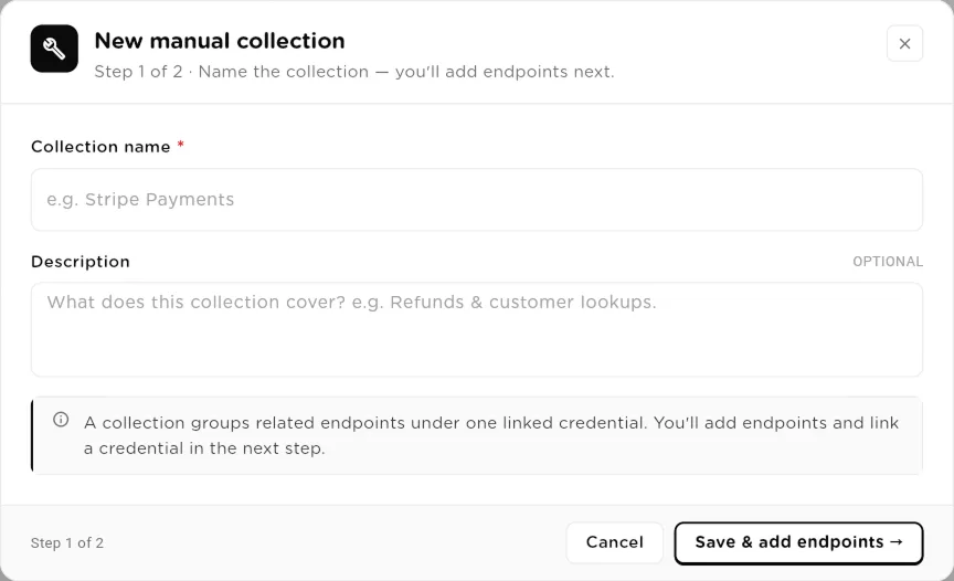 New manual collection dialog, step 1 of 2, with Collection name and Description fields