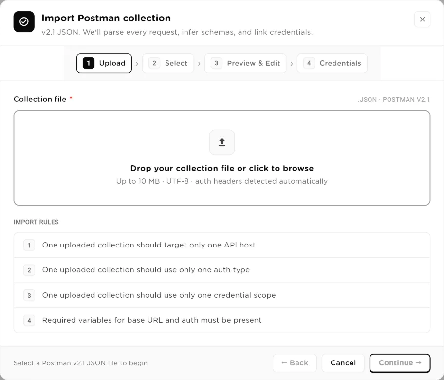 Import Postman collection wizard on the Upload step with the collection file drop zone and import rules