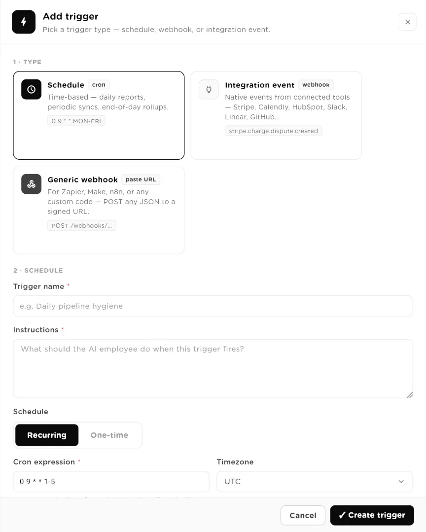 Add trigger panel with Schedule, Integration event and Generic webhook types and the schedule fields