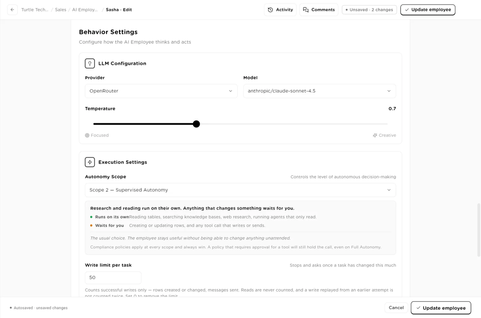 Behavior Settings with LLM Configuration, Autonomy Scope explanation and Write limit per task