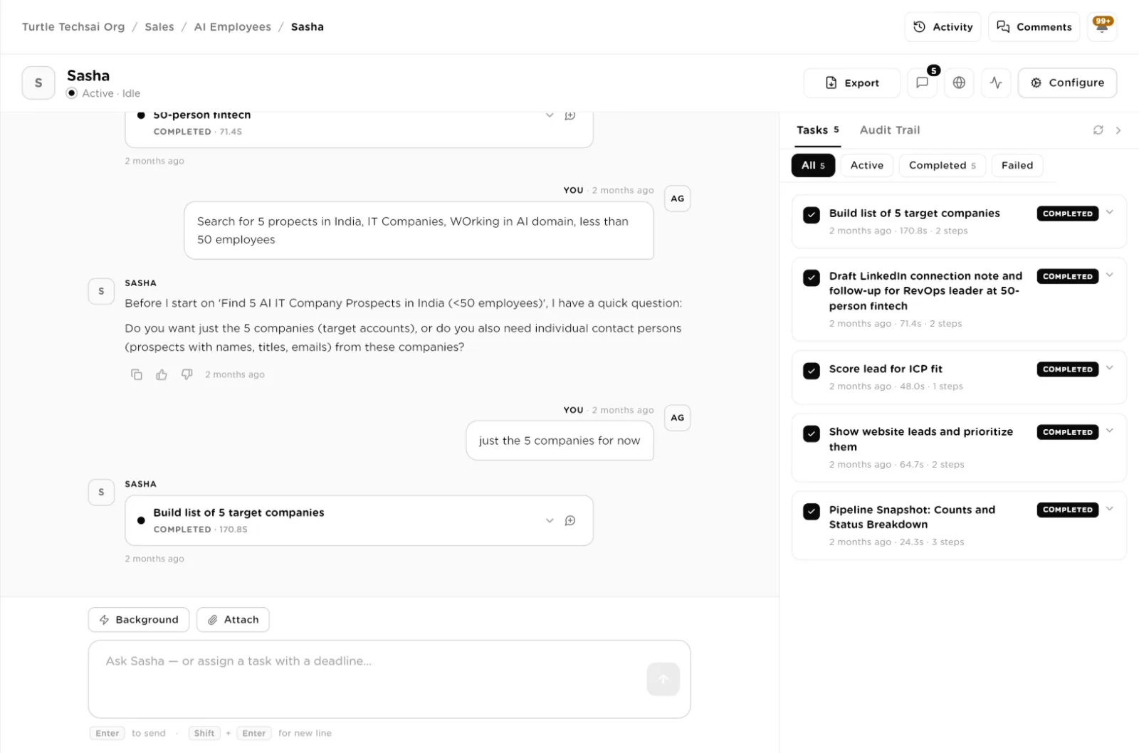 Employee chat with a clarifying question, completed task cards, and the Tasks panel listing five completed tasks