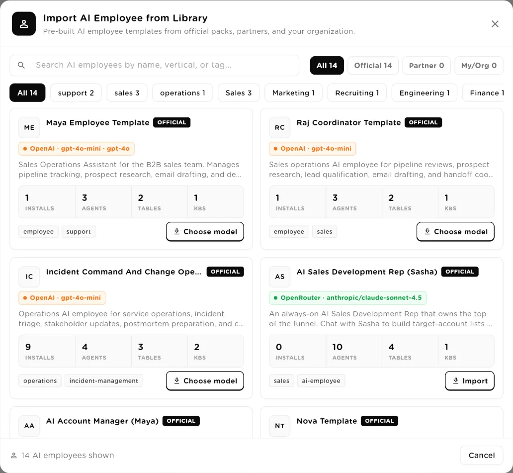 Import AI Employee from Library dialog with template cards and Choose model buttons