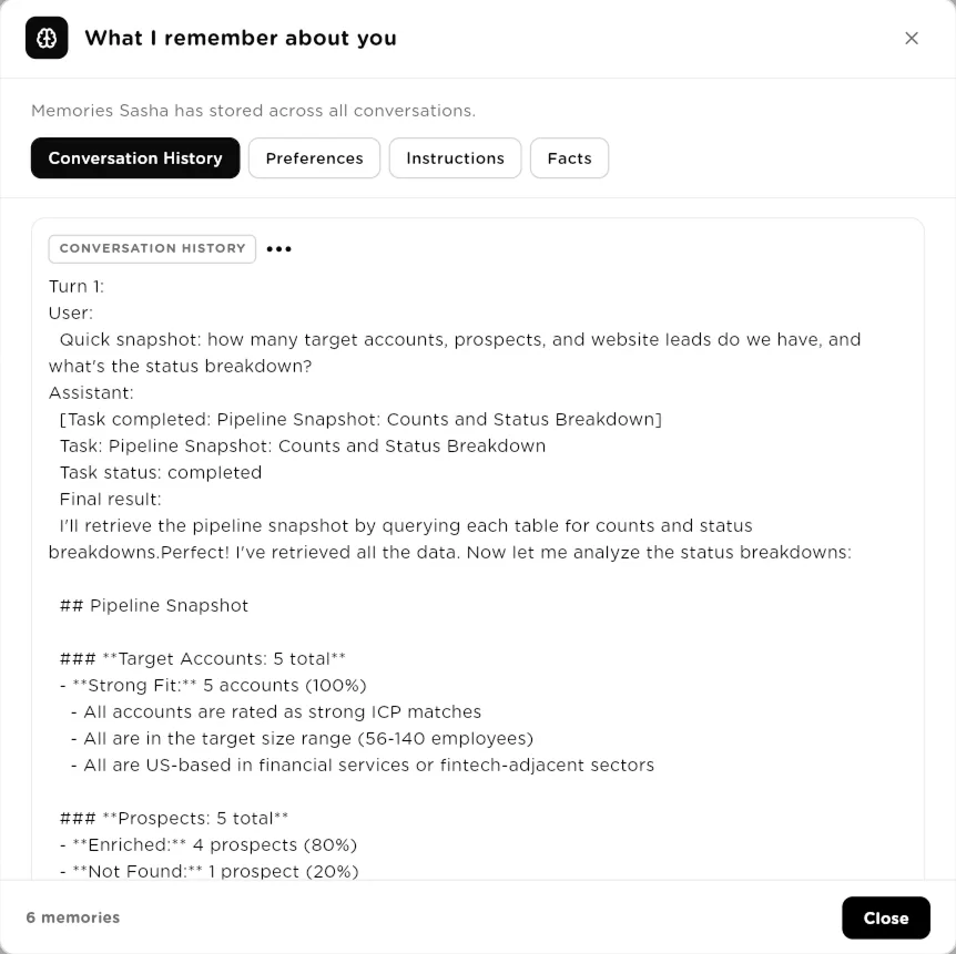 What I remember about you dialog with Conversation History, Preferences, Instructions and Facts tabs