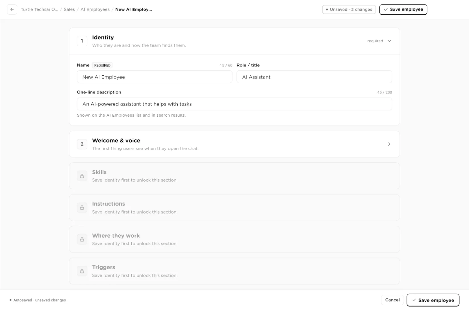 New AI Employee editor with the Identity section open and the later sections locked