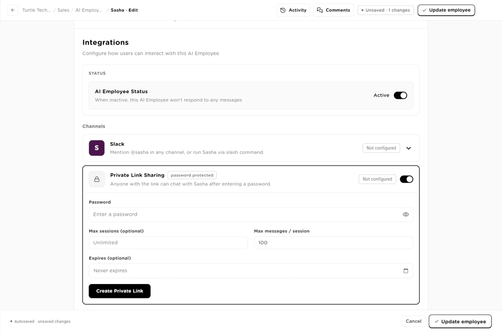 Where they work section with the status switch, Slack channel, and Private Link Sharing form