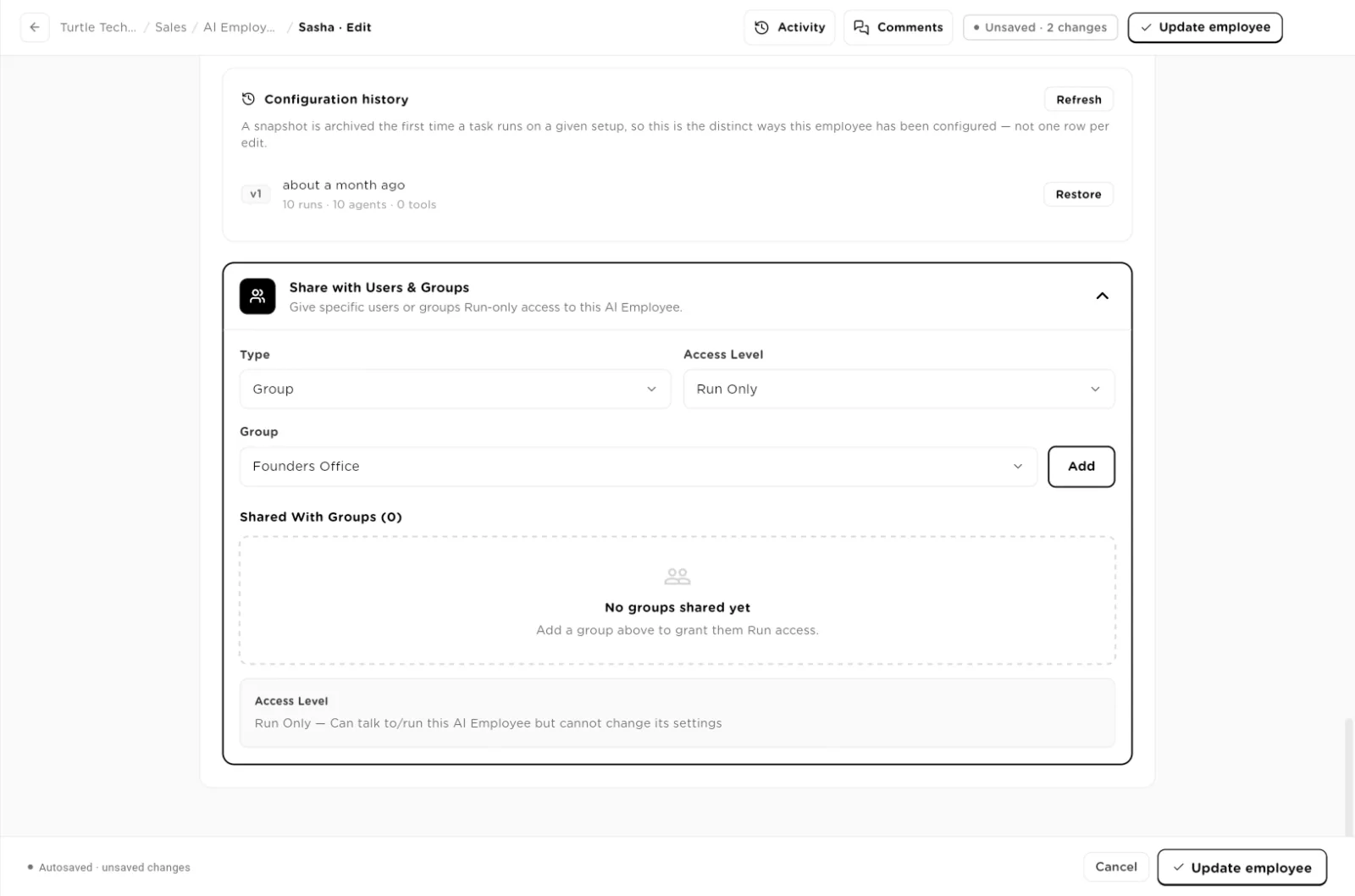 Configuration history with a version and Restore button, and Share with Users and Groups