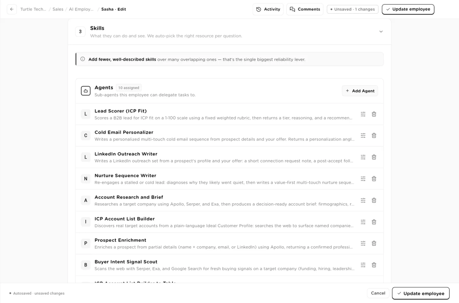 Skills section listing ten assigned agents with configure and remove icons