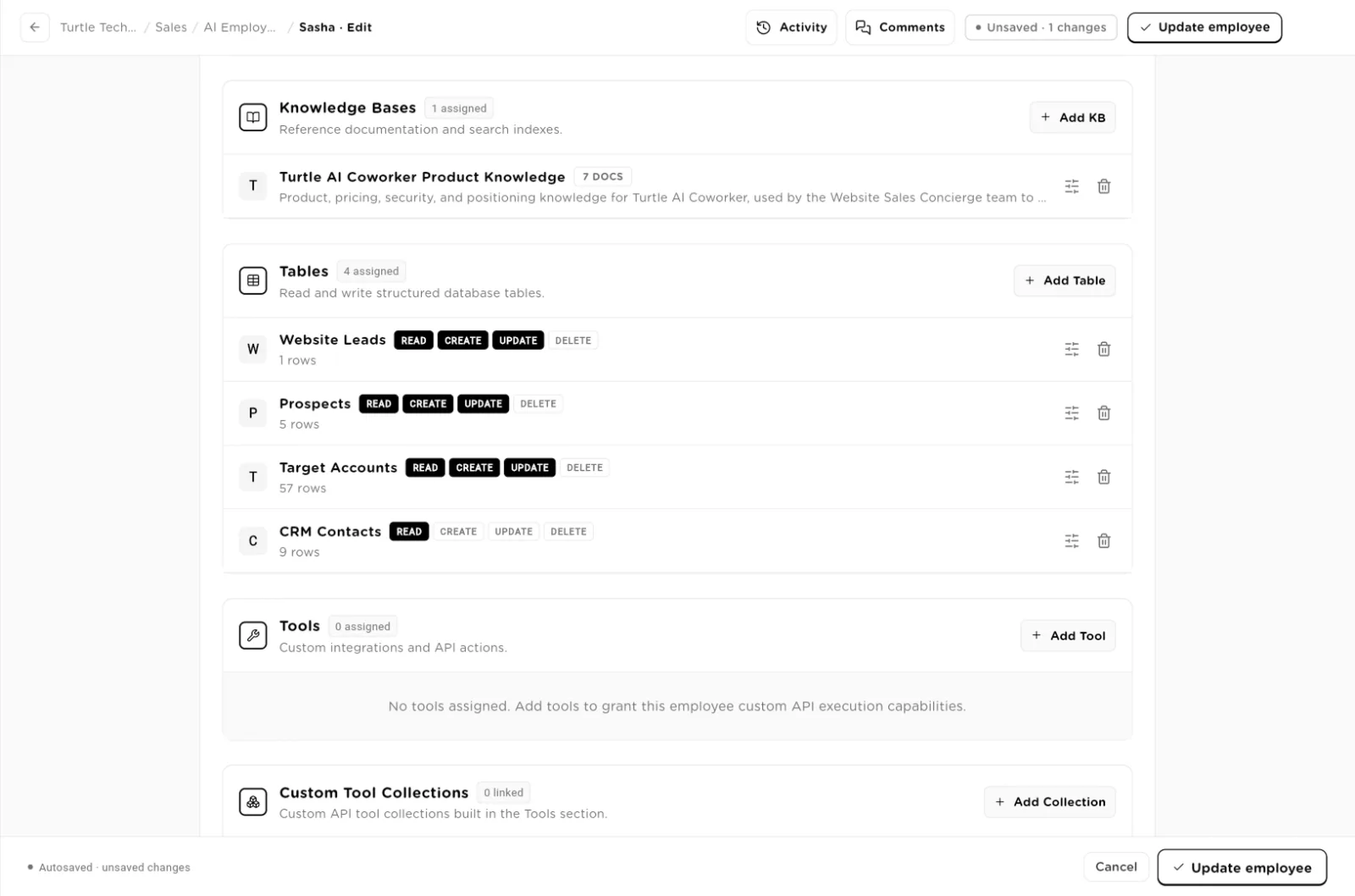 Knowledge Bases, Tables with Read Create Update Delete badges, Tools and Custom Tool Collections groups
