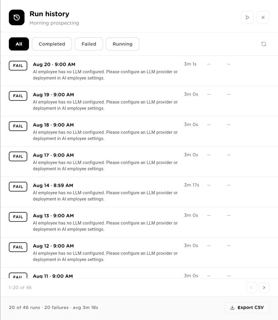 Run history panel listing trigger runs with status, time and error message