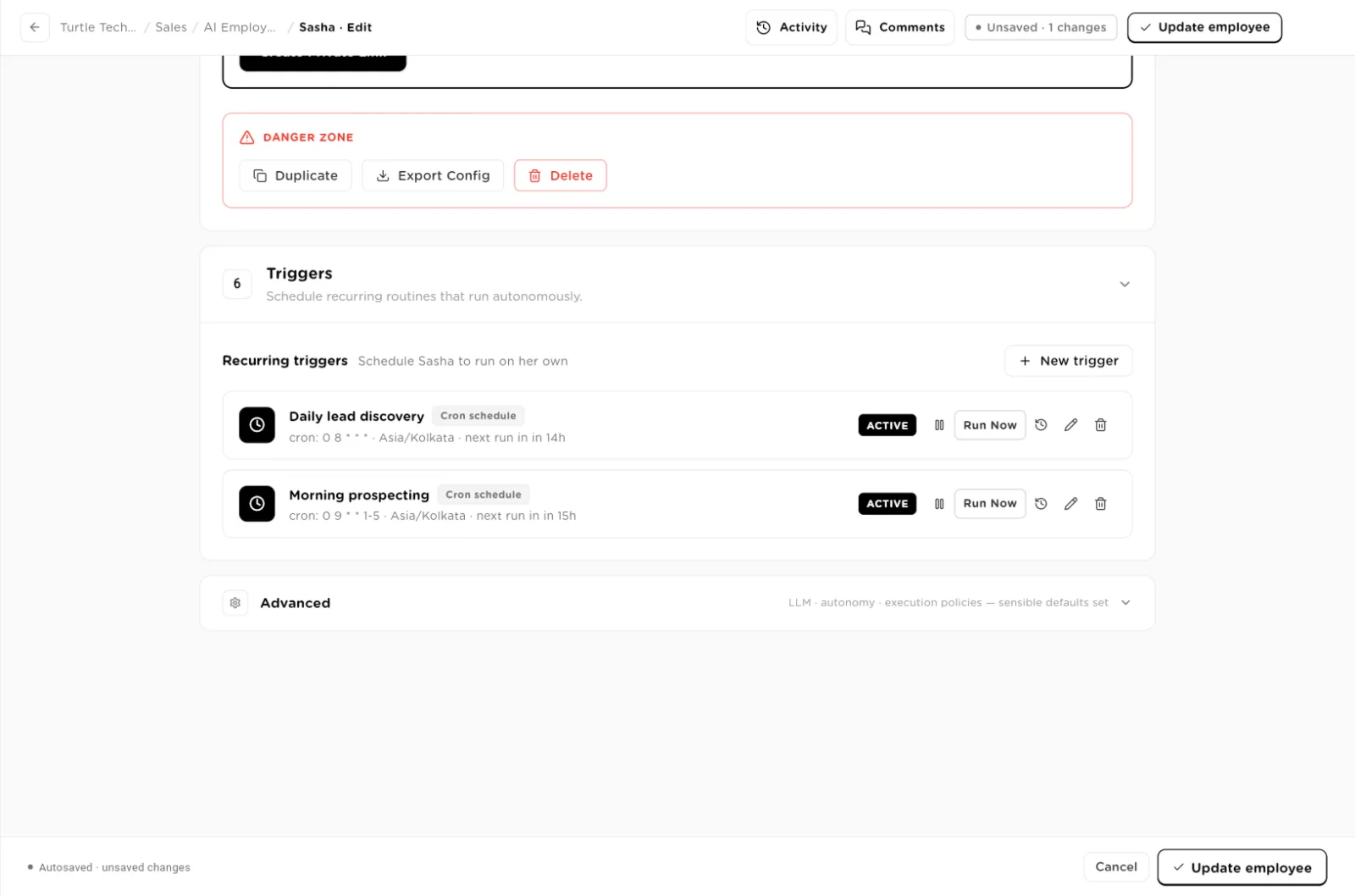 Triggers section with two active cron schedule triggers and Run Now buttons