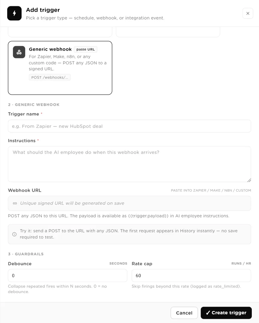 Generic webhook trigger form with name, instructions, webhook URL note and guardrails