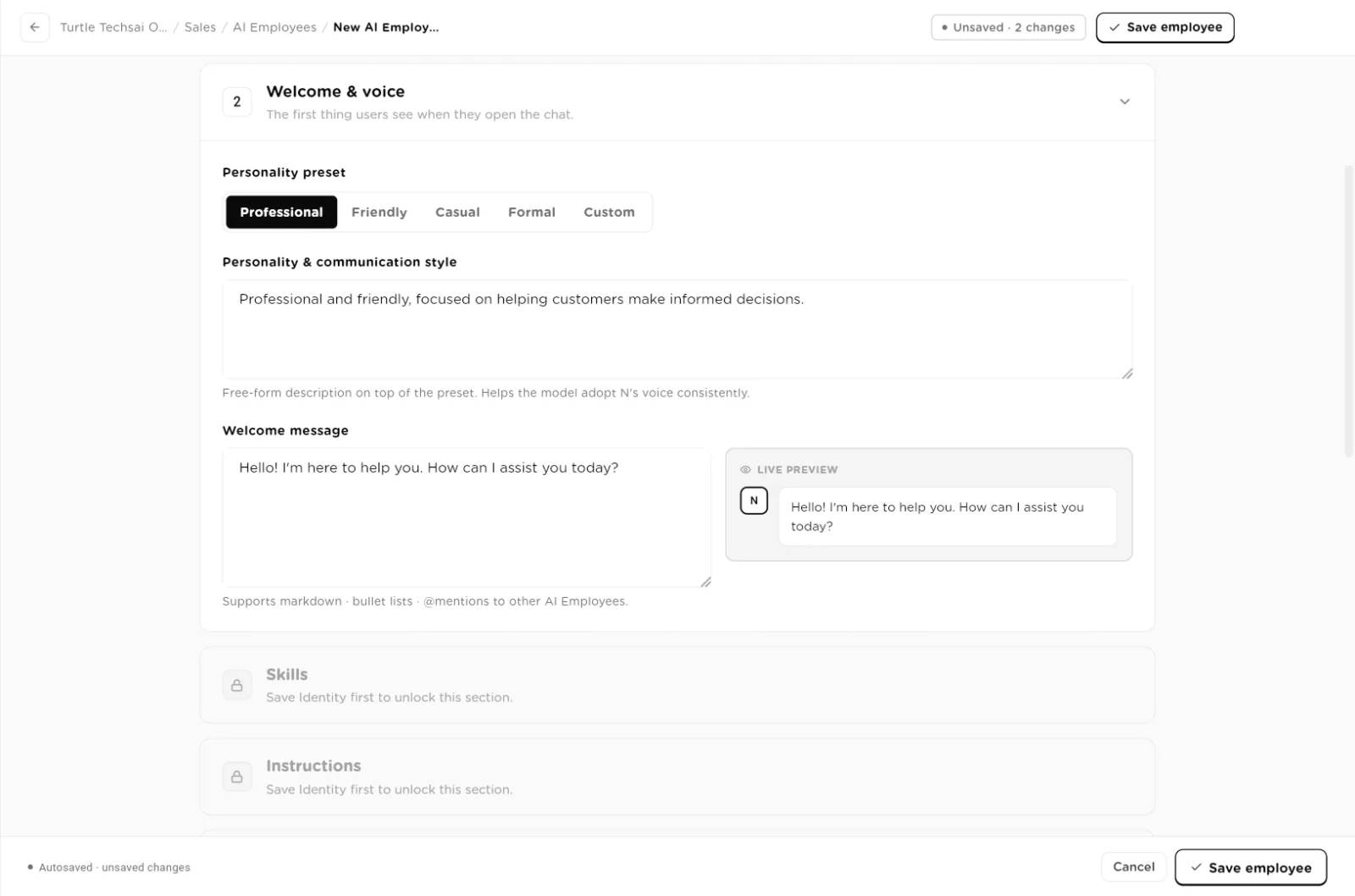 Welcome and voice section with personality presets, style text and a welcome message live preview