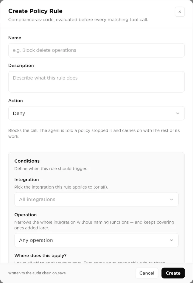 The Create Policy Rule dialog with Name, Description, Action and Conditions