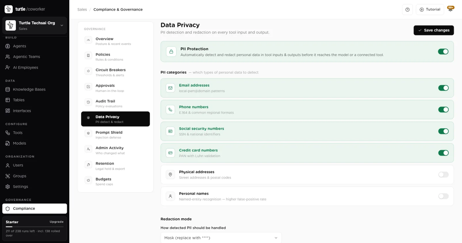Data Privacy with PII Protection on, category switches and the redaction mode