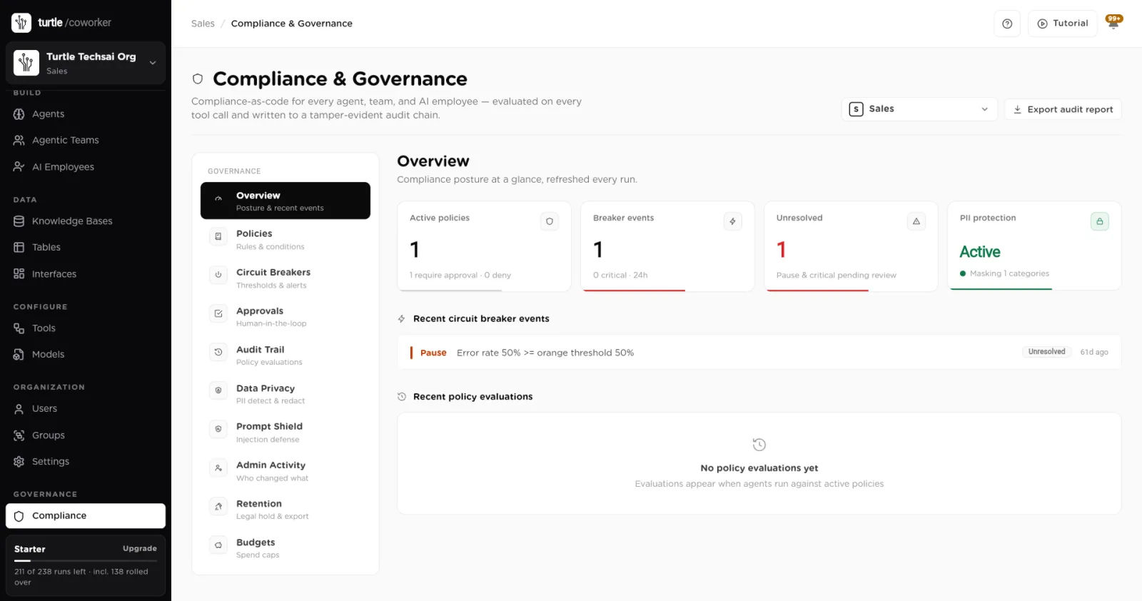 The Compliance and Governance overview with posture cards and recent events