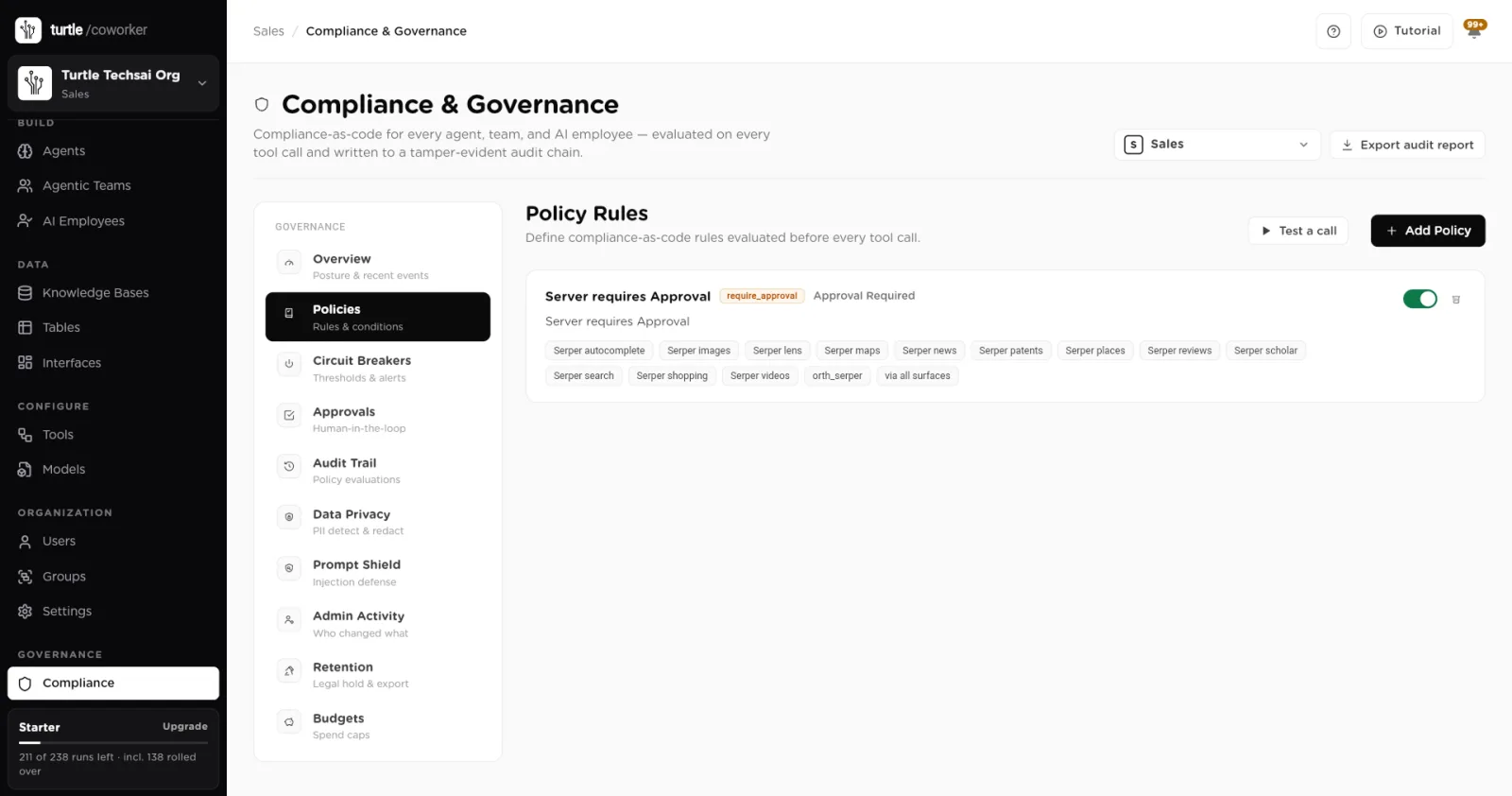 The Policy Rules list with one rule that requires approval for search functions