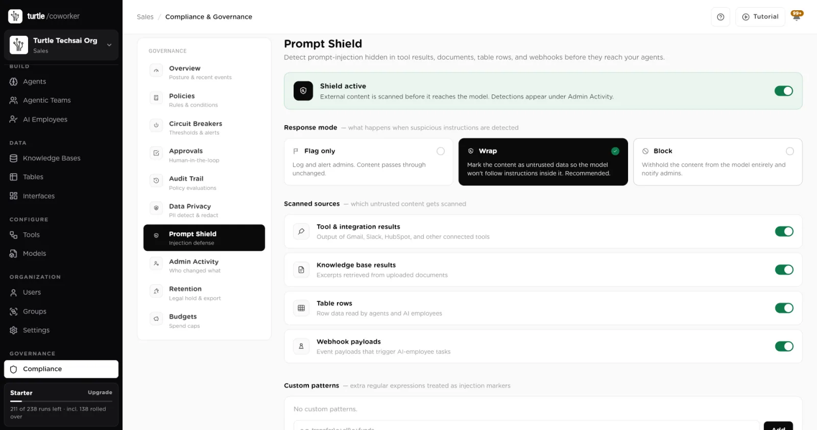 Prompt Shield active with the Wrap response mode and four scanned sources