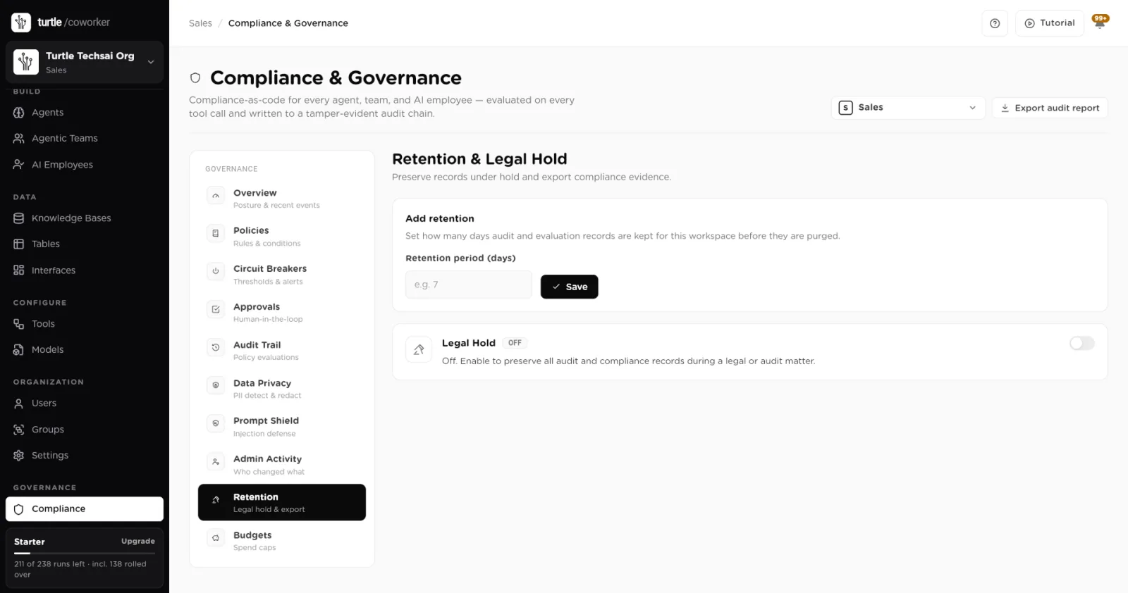 Retention and Legal Hold with a retention period field and a Legal Hold switch