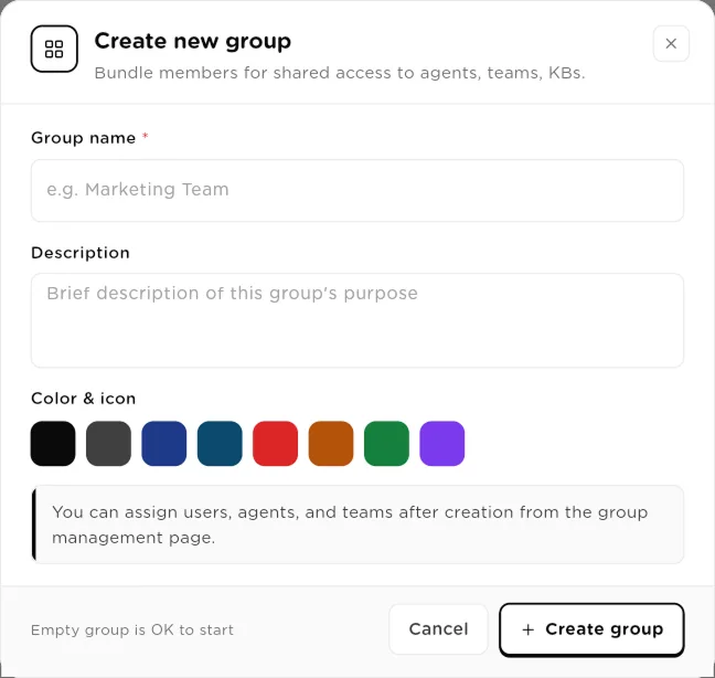 Create new group dialog with Group name, Description and Color and icon swatches