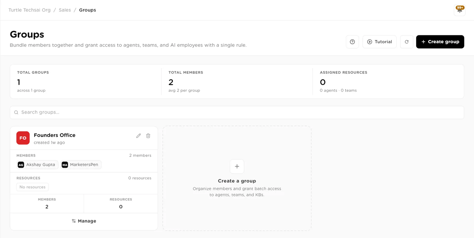 Groups page with totals, a search box, a Founders Office group card and a Create a group card