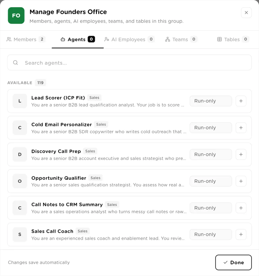 Manage group dialog on the Agents tab, listing available agents with a Run-only permission and a plus button