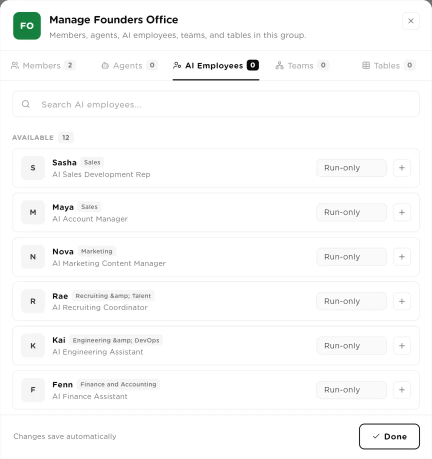 Manage group dialog on the AI Employees tab listing available AI employees with their department and role