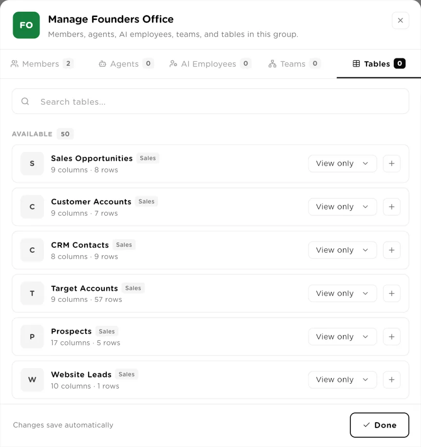 Manage group dialog on the Tables tab with a View only dropdown next to each table