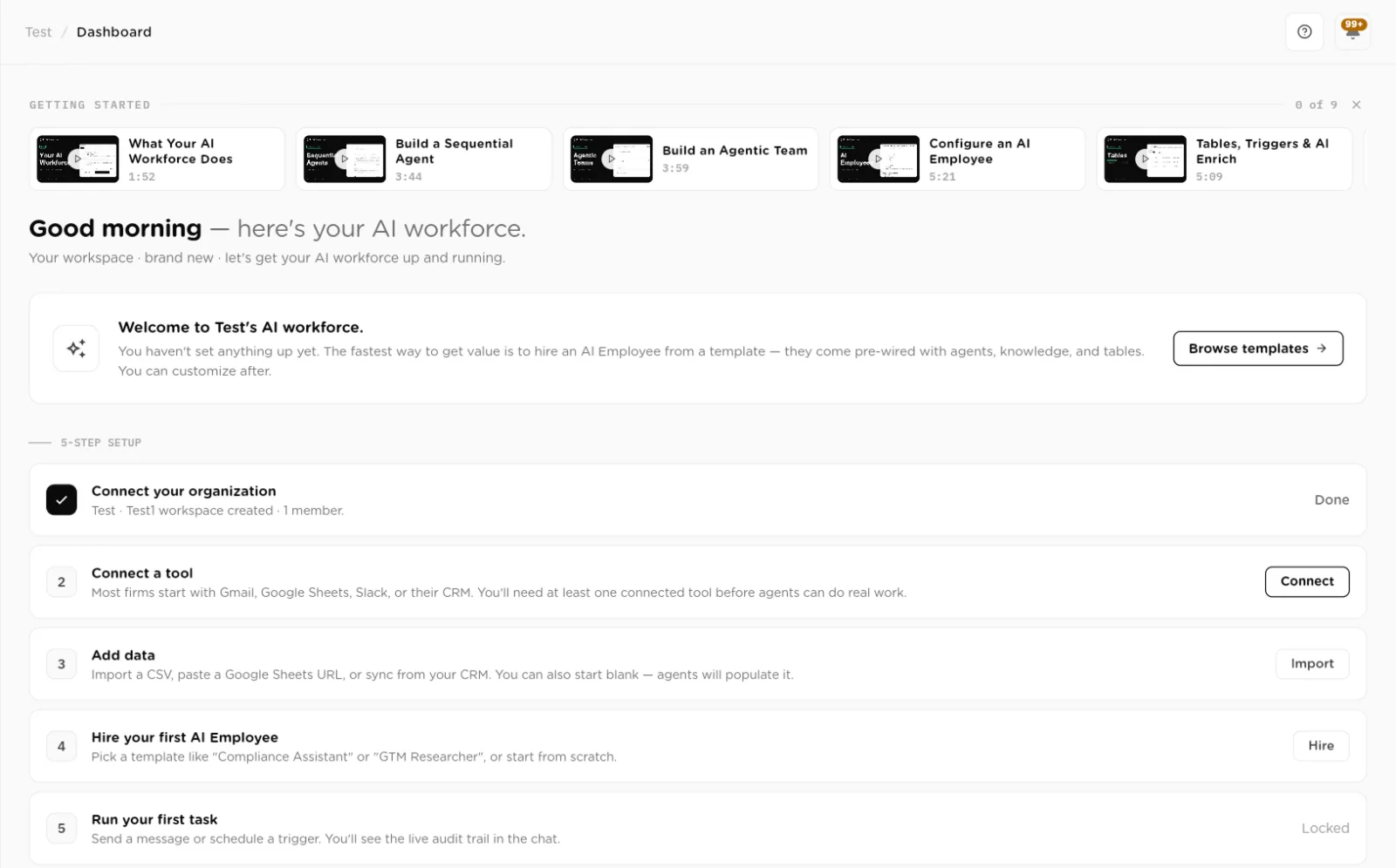 Dashboard for a new workspace with Getting started videos, a welcome card and the 5-step setup list