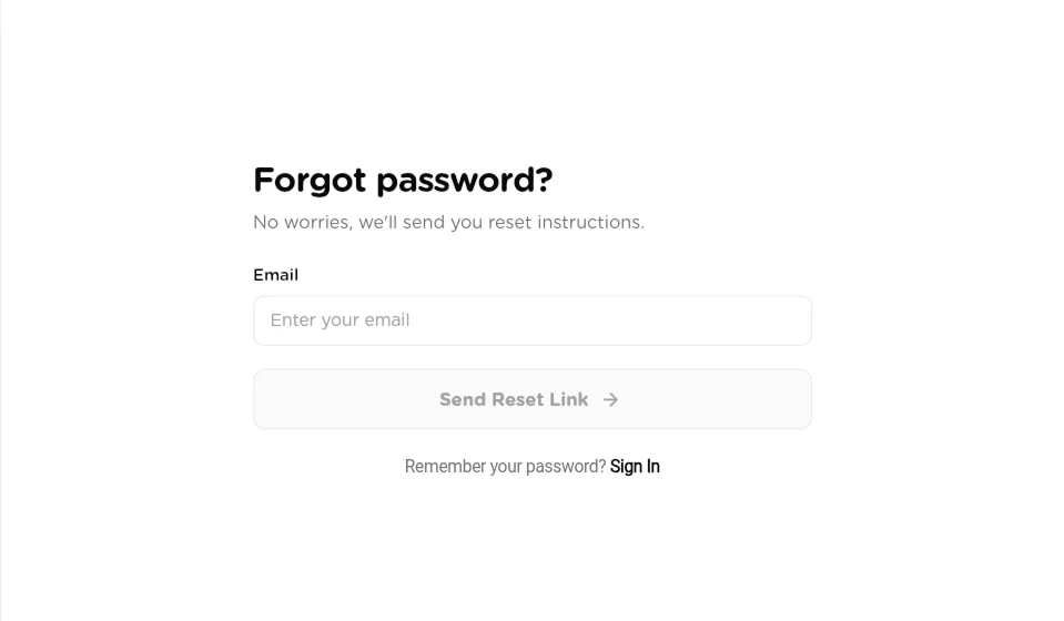 Forgot password form with an Email field and a Send Reset Link button