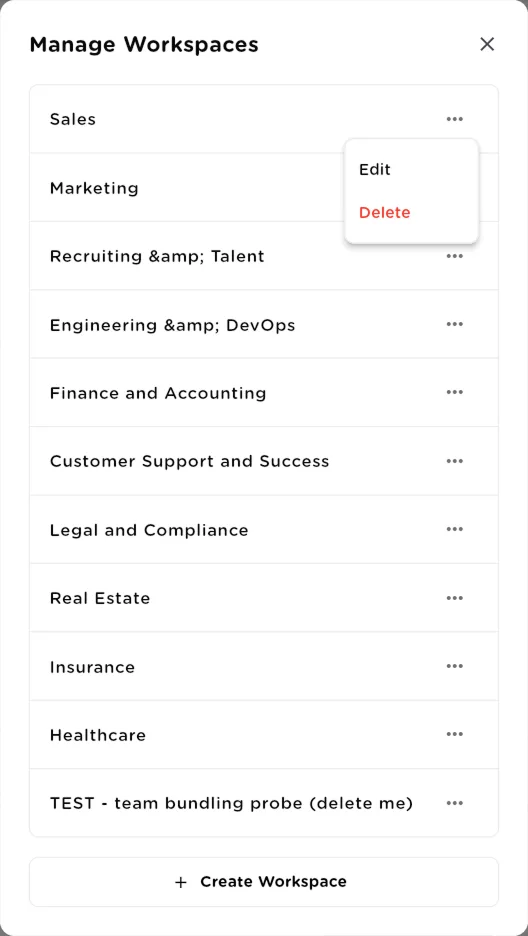 Manage Workspaces dialog listing workspaces with an Edit and Delete menu and a Create Workspace button