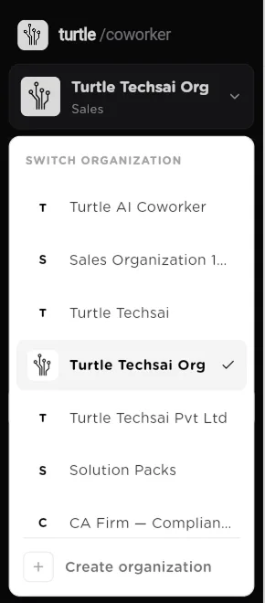 Switch organization menu listing organizations with a check on the current one and Create organization