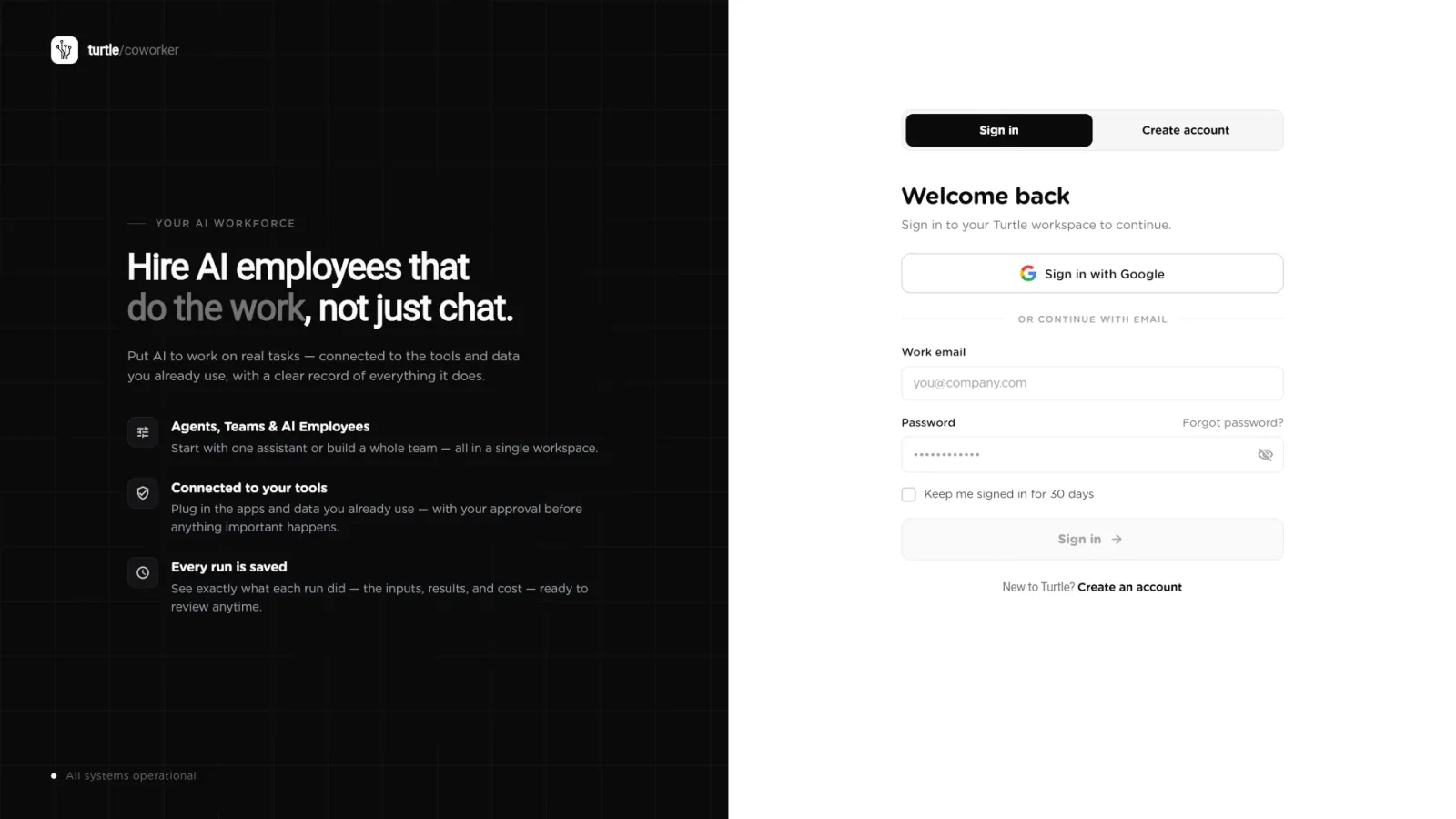 Sign in tab with Sign in with Google, Work email, Password and Keep me signed in for 30 days